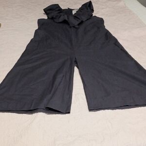 Anthropologie Navy Wide-Leg Ruffle-Neck Jumpsuit